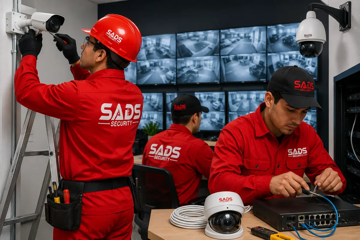 Equipo técnico de SADS SECURITY instalando cámaras de seguridad